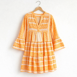 Robe courte en coton jacquard pour femmes, style bohème, col en V, manches cloche - Product Image 2