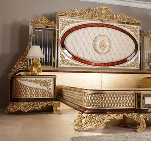 Ensemble de chambre à coucher de style français, design baroque de luxe, en bois de mahogany massif, taille king, meubles sculptés à la main, capitonnés, avec rangement, personnalisable - Product Image 3