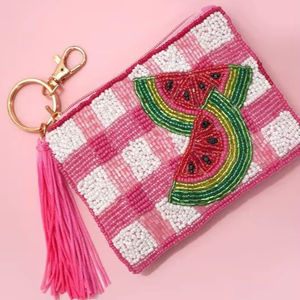 Porte-monnaie brodé de perles Aloha Mini - Bleu avec étoiles orange, fabriqué à la main en Inde par AFZA ENTERPRISES - Product Image 1