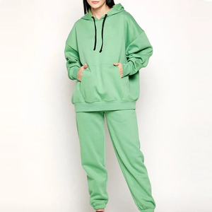 Women 2 Piece Tracksuit Set Green Hooded Sweatshirt With Pocket Loose Fit Casual All Seasons Fleece Material Knitted Solid Color - Product Image 1