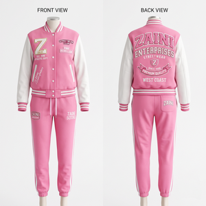 Conjunto Deportivo Varsity de Felpa de Algodón Premium de 320g, Estampado Casual de Invierno en Rosa y Blanco, Paneles en Contraste, Logotipo Personalizado Bordado - Product Image 1
