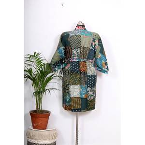 Albornoz kimono de seda vintage con diseño indio Kantha, el más adorable y elegante, con parches y manga larga para dormir. - Product Image 6