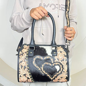 Bolsa de Viaje Grande de Cuero Vacuno Auténtico Hecha a Mano con Diseño de Corazón, Bolso de Mano Vintage con Estampado Floral, Estilo Speedy para Unisex - Product Image 4
