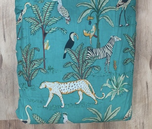 Animal Print Cotton <b>Fabric</b> Teal Background With Zebras Toucans And Tropical Plants <b>Medium</b> Weight Woven Home Textile Material - Product Image 1
