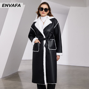 High Quality Luxury Belted Turndown Collar Wholesale Customize Thick Winter Solid Casual PU Leather <b>Fur</b> Coat Women's Long Coat - Product Image 2