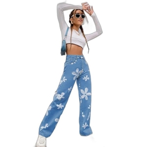 Women's Wide Leg Jeans <b>Flower</b> Print Stretchy Denim Jeans - Product Image 1