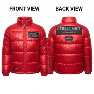 Chaqueta Bomber Roja Brillante Premium, 350 GSM, Paneles Acolchados Horizontales, Parches de Silicona Personalizados, Ropa de Abrigo Impermeable para Primavera - Product Image 1
