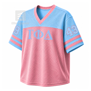 Camiseta personalizada de la hermandad Gamma Phi Delta con cuello en V, bloques de color, manga corta, azul cielo y rosa, estilo casual para mujer, de malla de poliéster. - Product Image 2