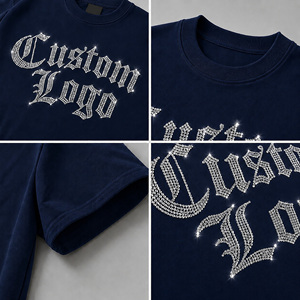 Camiseta Oversize Personalizada con Letras Góticas de Diamantes de Imitación para Hombre, Estilo Urbano, Manga Corta, Cuello Redondo, Gráfico, Azul Marino - Product Image 5