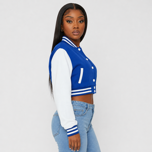 Women Crop Top Varsity Jacket Featuring Snap Button Front Rib Knit Trim And Relaxed Fit For Casual Daily Outfits New 2026 - Product Image 4
