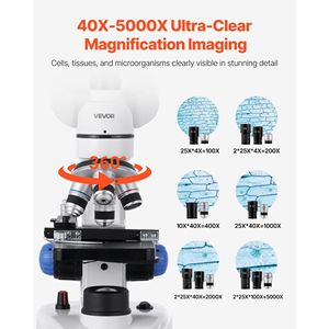 กล้องจุลทรรศน์แบบ Trinocular กำลังขยาย 40-5000 เท่า ระดับมืออาชีพ พร้อมไฟ LED และอะแดปเตอร์โทรศัพท์อะลูมิเนียมสำหรับผู้ใหญ่ - Product Image 2