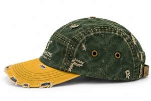 Casquette de camping vintage délavée et vieillie à 5 panneaux, logo brodé personnalisé, bicolore vert-jaune, style streetwear, OEM - Product Image 3
