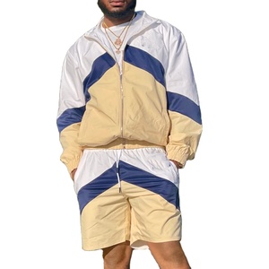 Men Windbreaker Short <b>Set</b> Waterproof Jacket Jogger Pants Streetwear Sportswear Custom Logo Color Patchwork Design OEM Wholesale - Product Image 1