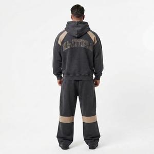 Conjunto de chándal de streetwear con bloques de color: Sudadera con capucha oversize con cremallera para hombre y pantalones de chándal de pierna ancha - Product Image 2