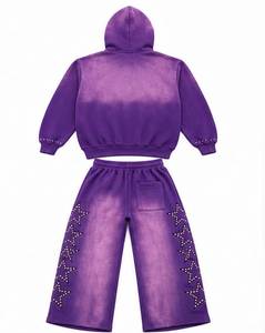 Ensemble de survêtement dégradé violet pour homme avec étoiles en strass, sweat à capuche zippé et pantalon large, streetwear décontracté d'hiver - Product Image 2