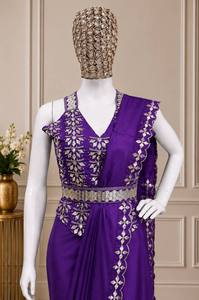 Sari en soie crêpe épaisse violette brodé, ensemble indien pakistanais, robe de soirée de mariage traditionnelle, longueur ras du sol, séchage rapide pour femme - Product Image 3