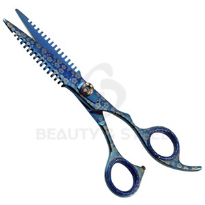 กรรไกรตัดผมสีน้ำเงินเข้มระดับมืออาชีพ พร้อมดีไซน์ใบมีดลายทางและแกนหมุนประดับอัญมณีเพื่อการจัดแต่งทรงผมอย่างแม่นยำ - Product Image 5