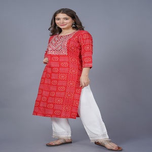 <b>Women</b> Red Bandhani Printed Embroidery Work Yoke On Neck Kurti with , 3/4 Sleeves Casual Ethnic Wear Straight <b>Kurta</b> - Product Image 5