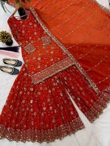 New Trending Orange Silk <b>Top</b>-Sharara Dupatta Set Embroidery <b>Sequins</b> Work Fully Stitched Ready Wear Diwali <b>Party</b> Premium Dress - Product Image 4