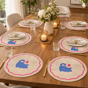 Round Embroidered Placemats Cartoon Cat Pattern Pink Wavy Edge Cotton <b>Table</b> <b>Mats</b> for Home Dining - Product Image 1