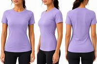 T-shirt de compression anti-UV à manches courtes pour femme, tendance, violet, séchage rapide, écologique, 100 % polyester, pour l'entraînement
