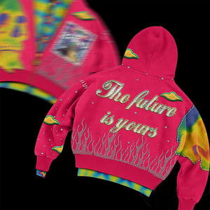 Men's Tie-Dye Skull Hoodie Zip-Up Fleece Oversized Streetwear With Rhinestone Patch Design - Product Image 4