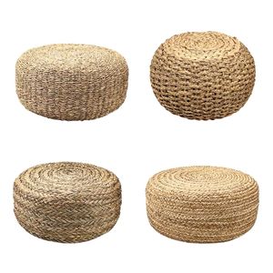 Pouf ottoman rond épais en fibres naturelles tissées (herbe de mer et jacinthe) au design rustique et moderne pour salon - Product Image 6