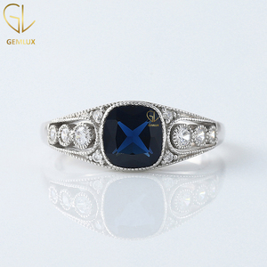 Blue Sapphire <b>Cushion</b> Cut Moissanite Diamond Ring Vintage Art Deco Milgrain Bezel Set 18k White Gold Engagement Ring - Product Image 1