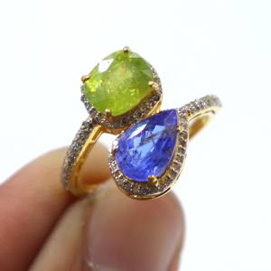 Anillo de Plata de Ley 925 Chapado en Oro con Zafiro Verde Natural y Tanzanita, Anillo con Diamantes y Piedras Preciosas, Regalo - Product Image 1