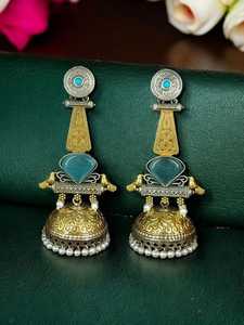 Joyería india de Bollywood, campanas de gota chapadas en oro, conjunto de pendientes oxidados chapados en oro en capas, joyería para boda - Product Image 2