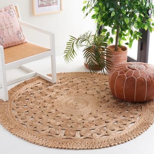 Tapis rond en jute fait main, motif médaillon, style bohème, tissage plat, pour salon - Product Image 5