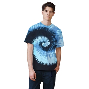 Camiseta de Manga Corta con Cuello Redondo y Estampado Tie-Dye para Hombre y Mujer, Informal, Tejida, 100% Algodón, Transpirable, Corte Regular, Diseño Azul Estampado - Product Image 2