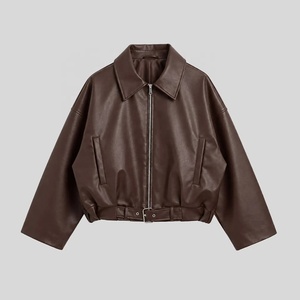 New Arrival Custom Brown Leather <b>Jacket</b> For <b>Women</b> <b>Zip</b> <b>Up</b> Collar Waist Belted Long Sleeve Outerwear Casual <b>Women</b> Crop <b>Jacket</b> - Product Image 4