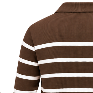 Pull tricoté marron rayé pour homme, col zippé, manches longues, poignets et ourlet côtelés, idéal pour la vente en gros - Product Image 4