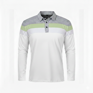 Polo à manches longues pour homme, à blocs de couleur, rayé, tricoté, décontracté, vert, blanc, gris - Product Image 4