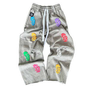 OEM <b>Wholesale</b> Multi Color 3D Foam Print Studded <b>Sweatpants</b> Cutout Distressed <b>Flare</b> Track Pants Men Hip Hop Vintage Wash Fleece - Product Image 1