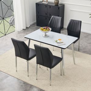 Set da Pranzo con Tavolo in Vetro Effetto Marmo Bianco e Base in MDF, Gambe Affusolate in Metallo Argento, 4 Sedie Abbinate - Product Image 2