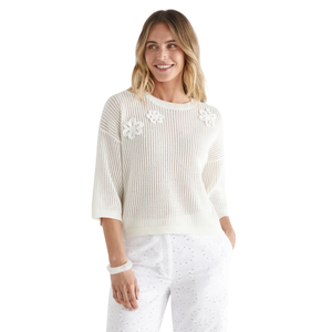 Pull-over blanc en tricot pour femme, manches 3/4, col rond, coupe décontractée, été, viscose/coton, tricoté à la main, motif floral, anti-rétrécissement - Product Image 1
