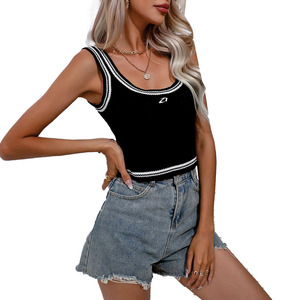 Women Black Contrast Trim Knit Tank <b>Top</b> Sleeveless Scoop Neck Summer Casual Vest for Boutique Women's Shirts OEM Wholesale Buyer - Product Image 3