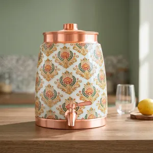 Pure Copper Water <b>Dispenser</b> <b>with</b> Floral Meena Design and <b>Tap</b> Decorative Copper Water Storage Matka <b>with</b> Lid for Home Office - Product Image 2