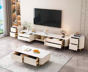 Modern White Marble TV Stand with Gold Trim Storage <b>Cabinet</b> for Living Room Furniture 65 In and Up - Product Image 3