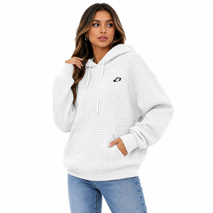 Custom Women <b>Waffle</b> Knit Hoodie Pullover Textured Fleece Sweatshirt with Kangaroo Pocket for Wholesale Thermal Hoodies Supplier - Product Image 1