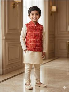 Ensemble Kurta Jacquard Père et Fils en Mélange de Soie, Vêtements Ethniques Imprimés, Gilet et Pantalon pour Mariage et Diwali - Product Image 6