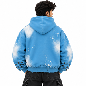 Sweat à capuche unisexe personnalisé vintage délavé à l'acide avec strass imprimés par pulvérisation, fermeture éclair, coupe oversize, en molleton épais, fournisseur ODM OEM - Product Image 2