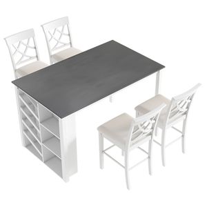 Set da Pranzo Aggiornato in Legno Massello da 5 Pezzi, Tavolo Alto 150x90 cm con Portabottiglie Curvo e 4 Sedie Imbottite - Product Image 6