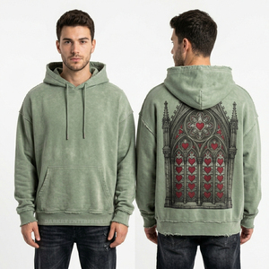 Forest Green Vintage Wash Hoodie Flaming <b>Dice</b> Rose Graphic Print <b>Men</b> Heavyweight Streetwear Oversized Pullover Manufacturer OEM - Product Image 6