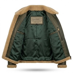 Veste en cuir véritable pour homme vert olive avec poches à rabat, manteau d'hiver chaud en fourrure, blouson aviateur personnalisé en peau de mouton - Product Image 5