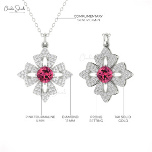 2026 Women's Natural Pink Tourmaline Floral <b>Pendant</b> 14K <b>Solid</b> <b>Gold</b> Pave Set 0.56CTW Diamond Fine <b>Pendants</b> Gemstone Jewelry Lot - Product Image 5