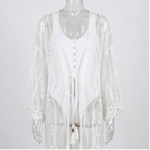 <b>White</b> Chiffon Lace Kimono With Deep V Neck And Tassel Detail For Women - Product Image 1