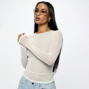 เสื้อยืดตาข่ายแขนยาวปักลายสีพื้นทรงเข้ารูปสำหรับผู้หญิงขายส่งแบบกำหนดเอง เสื้อยืดตาข่ายแขนยาวระบายอากาศสำหรับผู้หญิง - Product Image 4